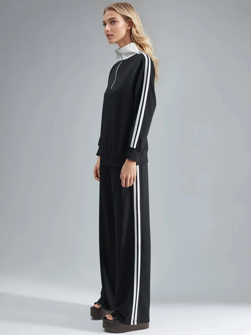 Hiccup Black Modal Touch Wide Leg Striped Two-Piece Coord Set with Zipper Collar Bersan Collection for Women | Best Price UAE